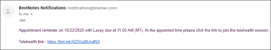 Telehealth session notification email - An email alert confirming scheduling details, including time, date, and instructions, for an upcoming telehealth session